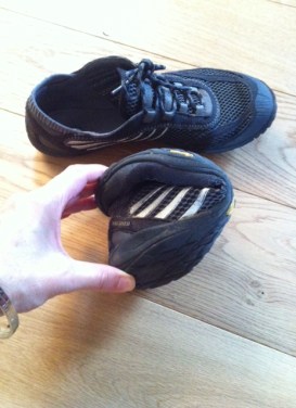 My barefoot Merrell shoes, showing how flexible the thin sole is